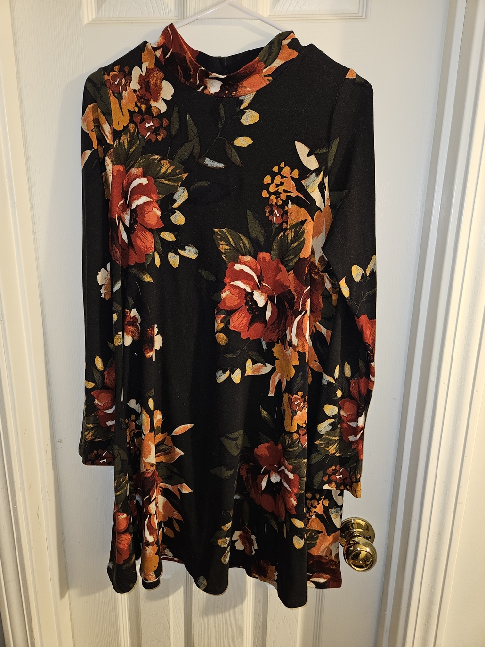 Floral Mock-Neck Black Fall Dress with Red & Orange Blooms